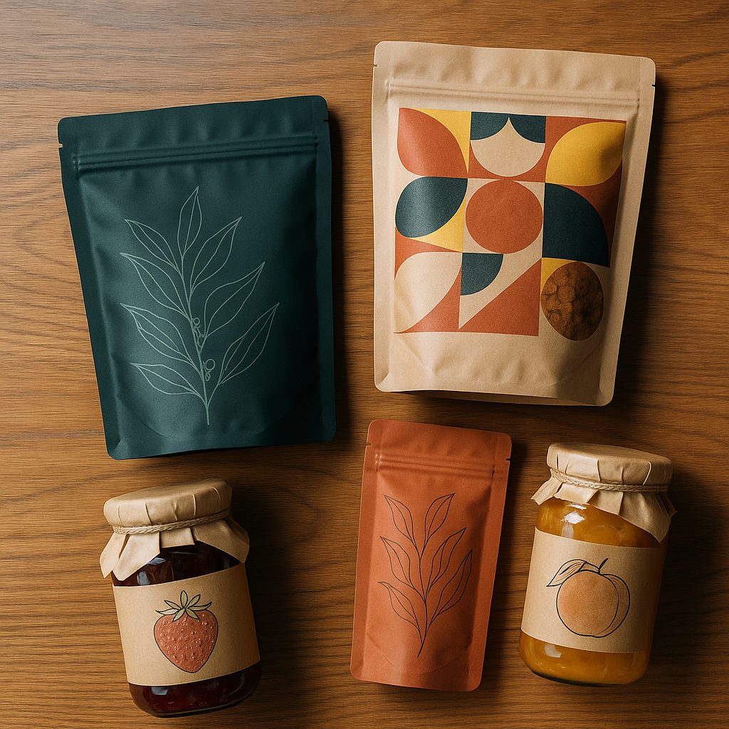 Printed coffee and granola pouches with labelled preserve jars