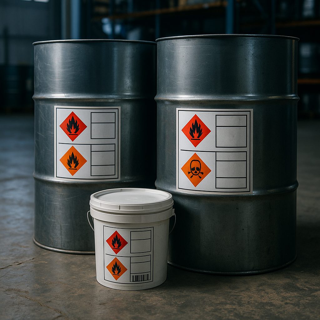 Steel chemical drums with GHS hazard labels