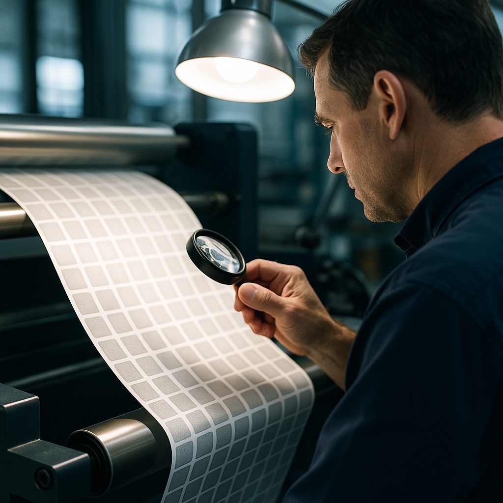 Quality inspector checking a web of printed labels